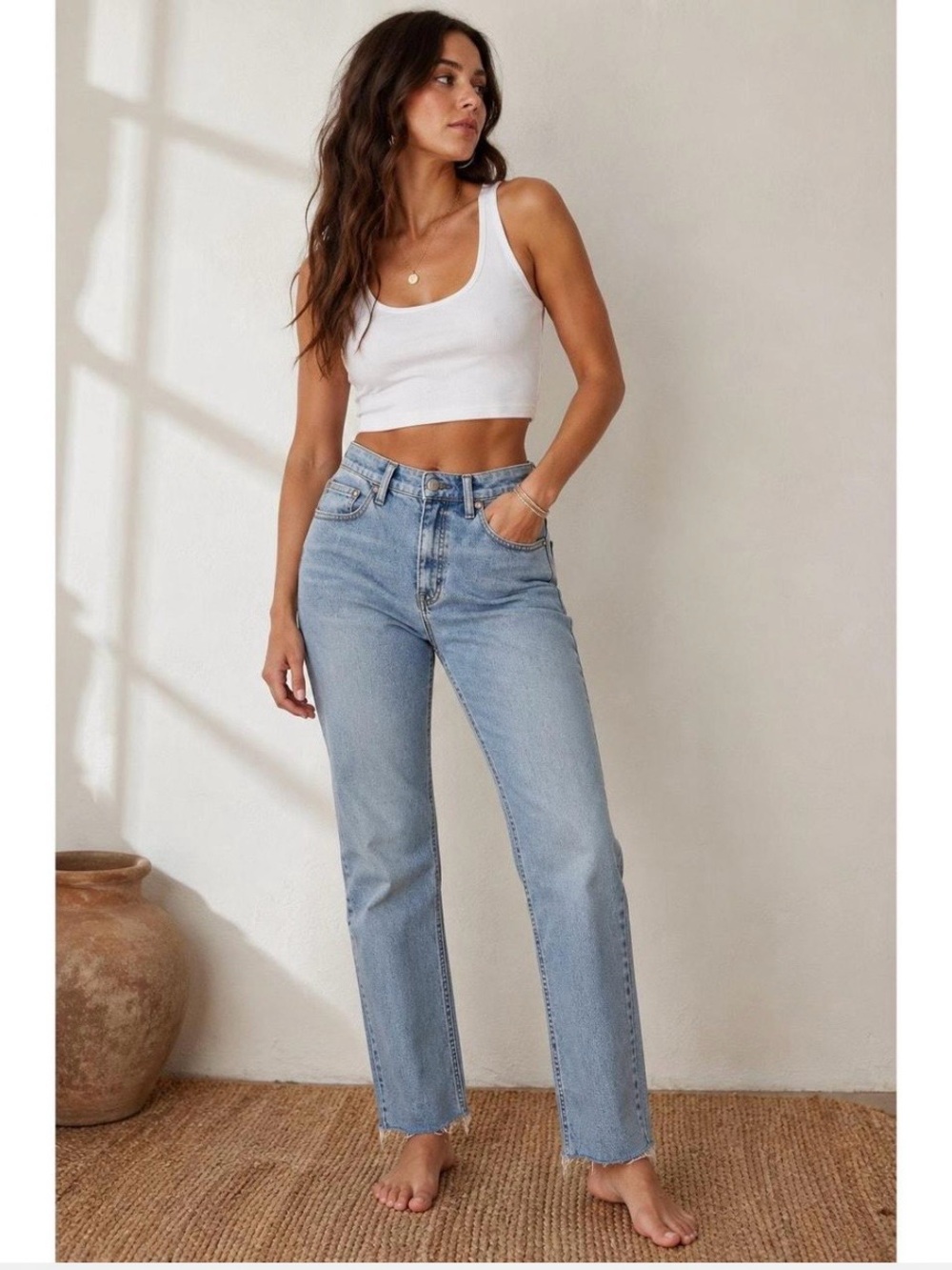 We The Free CRVY High Rise Straight Leg Raw Hem Blue Denim Jeans Sz 26